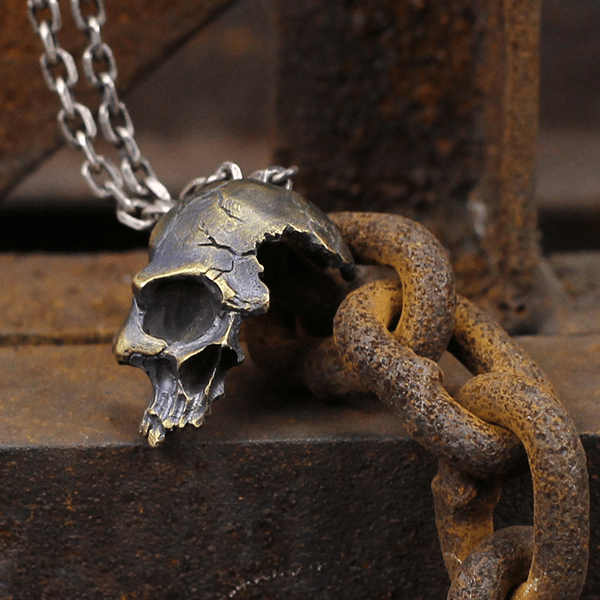 Damaged Half Face Sterling Silver Brass Skull Pendant | Gthic.com