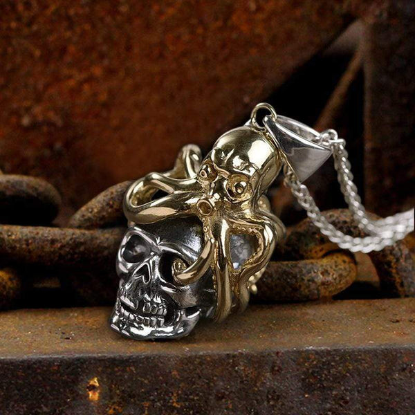 Brass Octopus Sterling Silver Skull Pendant02 | Gthic.com 