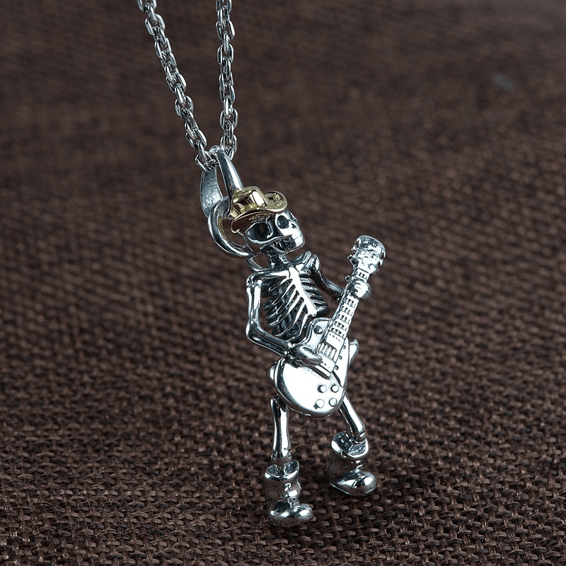 Playing Guitar Sterling Silver Skull Pendant