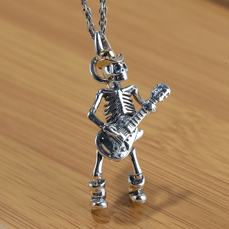 Playing Guitar Sterling Silver Skull Pendant