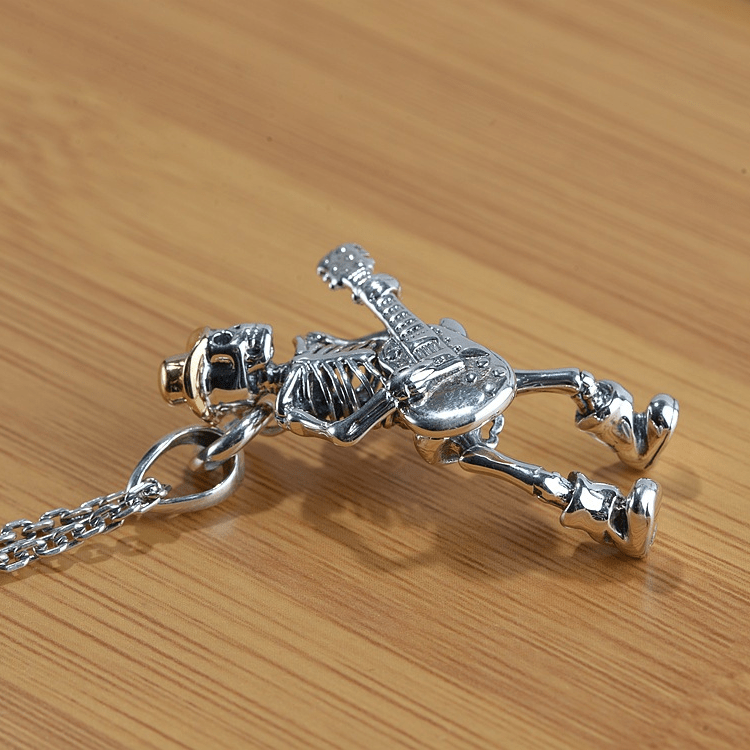 Playing Guitar Sterling Silver Skull Pendant