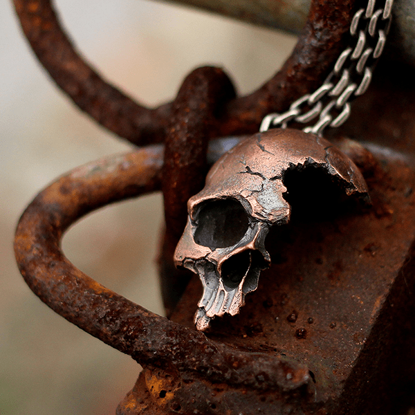 Damaged Half Face Sterling Silver Brass Skull Pendant | Gthic.com