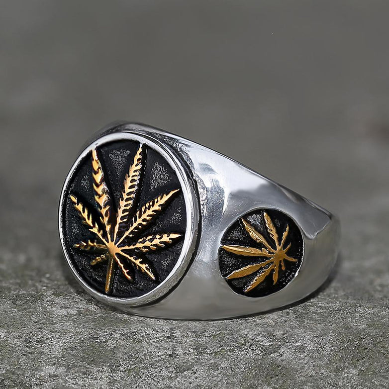 Hemp Leaf Stainless Steel Ring 03 | Gthic.com