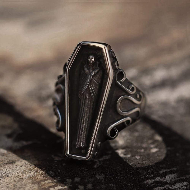 Funeral Vampire Coffin Stainless Steel Skull Ring | Gthic.com