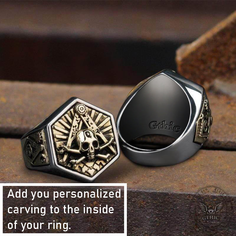 Freemason Light Sterling Silver Masonic Skull Ring 04 | Gthic.com