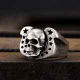 Hoefijzer pentagram sterling zilveren schedelring