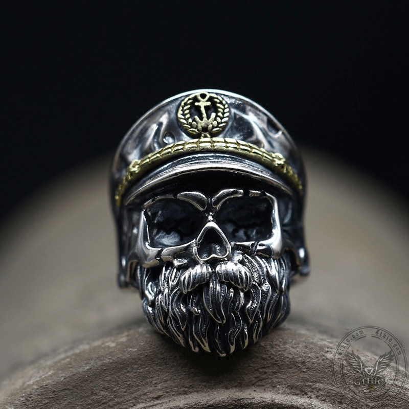 Navy Captain Sterling Silver Skull Ring | Gthic.com