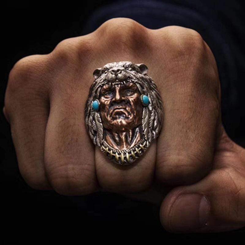 Indian Warrior Wolf Head Sterling Silver Ring | Gthic.com