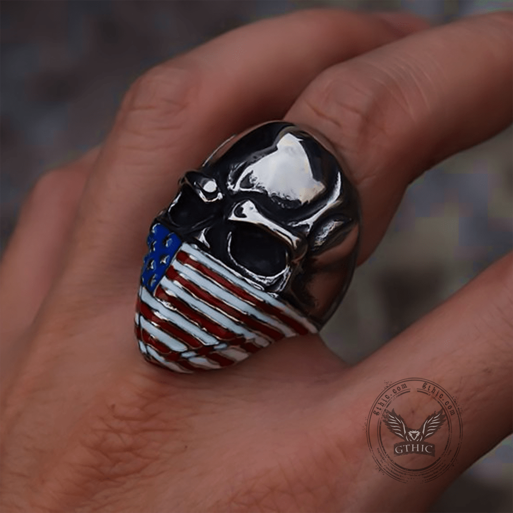 American Flag Stainless Steel Skull Ring | Gthic.com