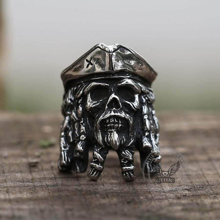 Black Pearl Pirates Stainless Steel Skull Ring | Gthic.com