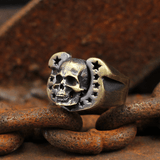 Horseshoe Pentagram Sterling Silver Skull Ring 02 | Gthic.com