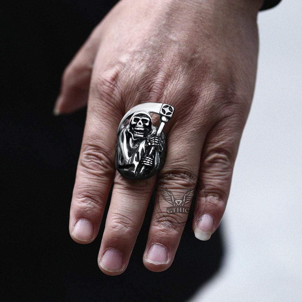 Death Sickle Stainless Steel Skull Ring | Gthic.com