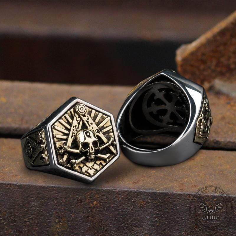 Freemason Light Sterling Silver Masonic Skull Ring 03 | Gthic.com