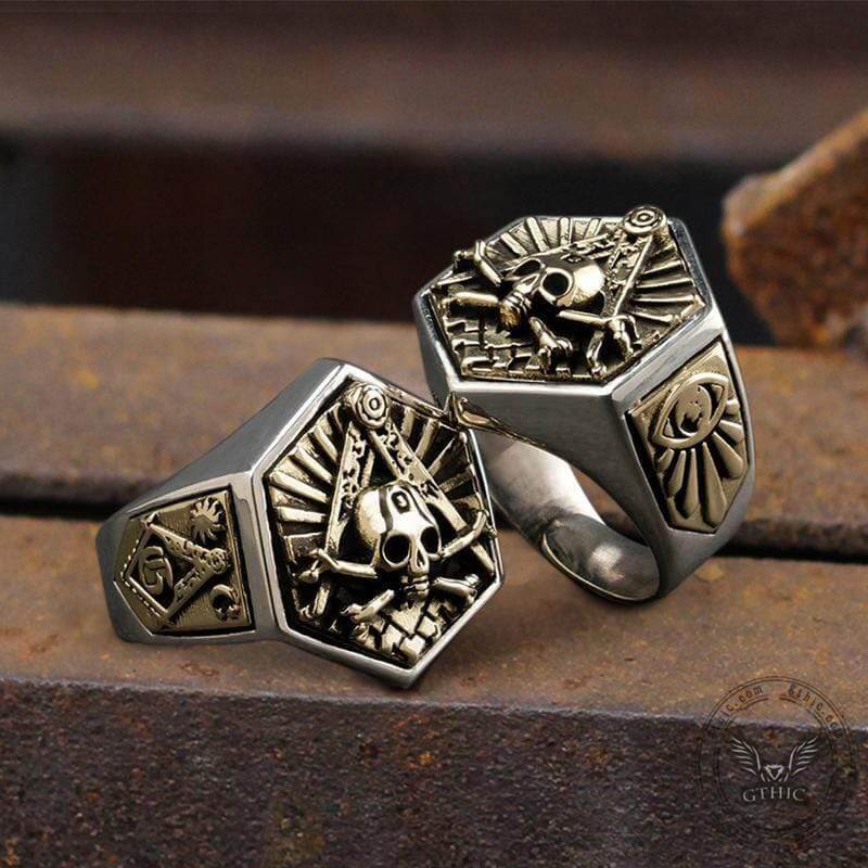 Freemason Light Sterling Silver Masonic Skull Ring 02 | Gthic.com