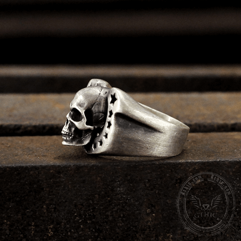 Hufeisen-Pentagramm-Totenkopf-Ring aus Sterlingsilber