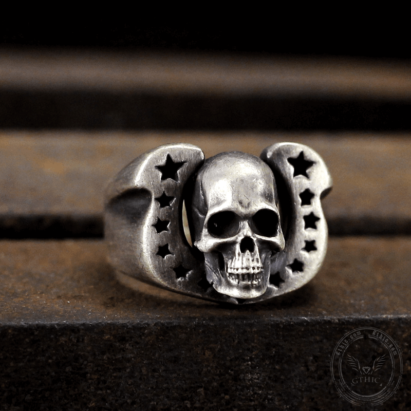 Horseshoe Pentagram Sterling Silver Skull Ring 01 | Gthic.com