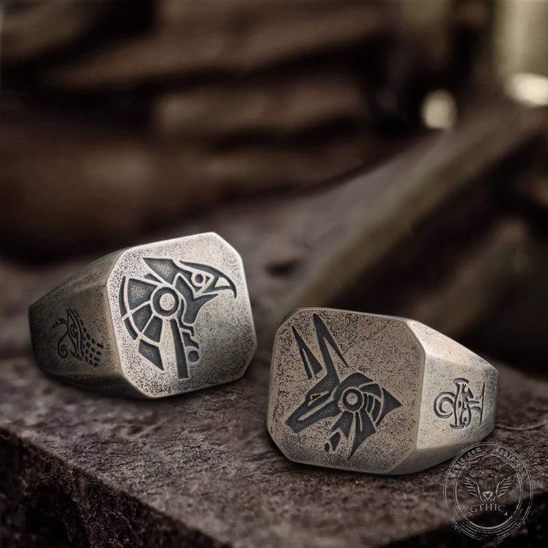 Horus And Anubis Sterling Silver Ring 01 | Gthic.com