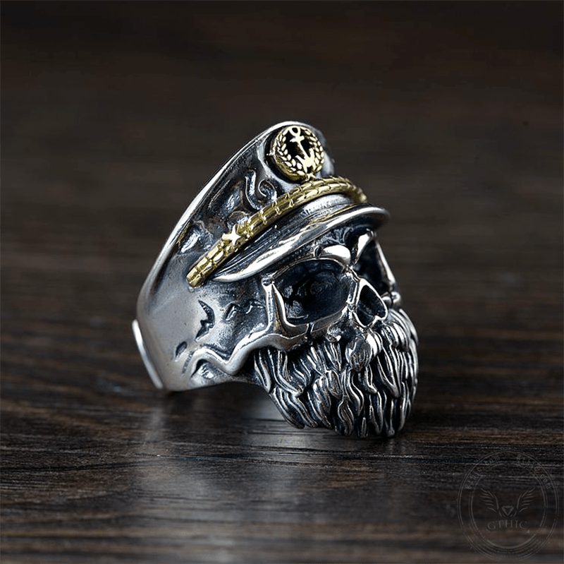 Navy Captain Sterling Silver Skull Ring | Gthic.com