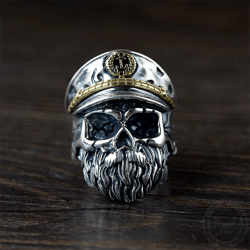 Navy Captain Sterling Silver Skull Ring | Gthic.com