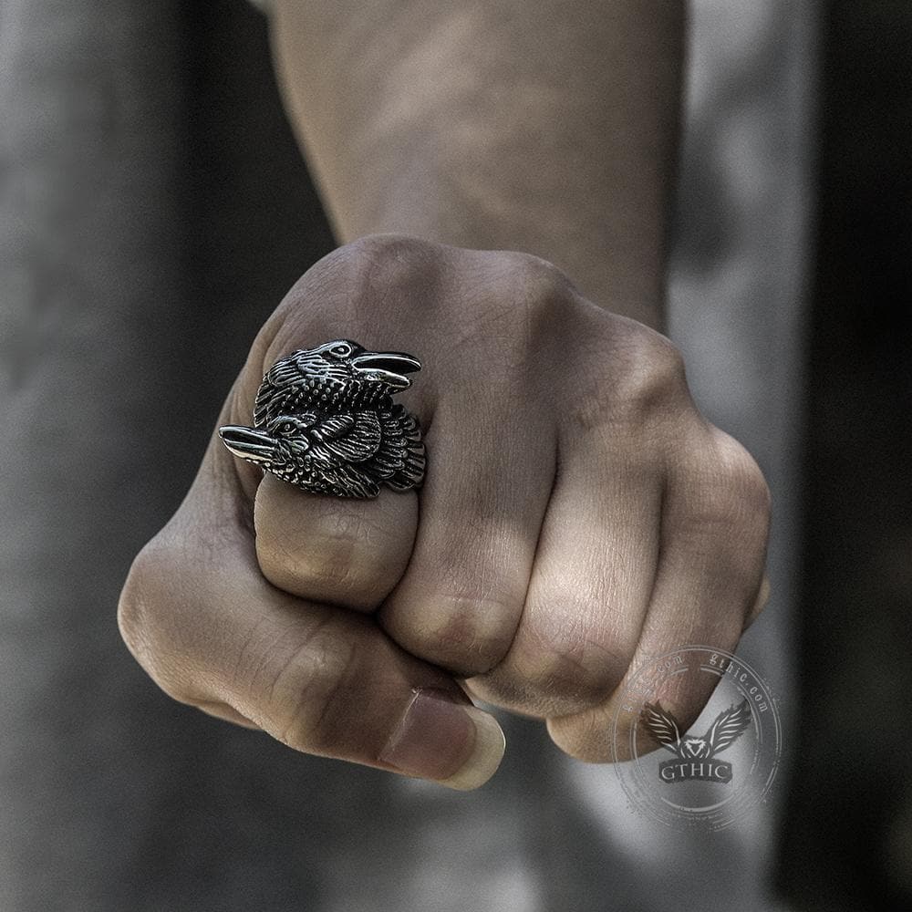 Odin Ravens Huginn and Munin Stainless Steel Viking Ring - GTHIC