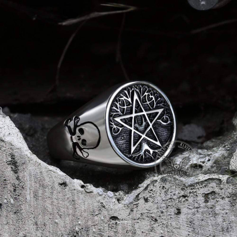 Pentagram Tree of Life Stainless Steel Viking Ring | Gthic.com