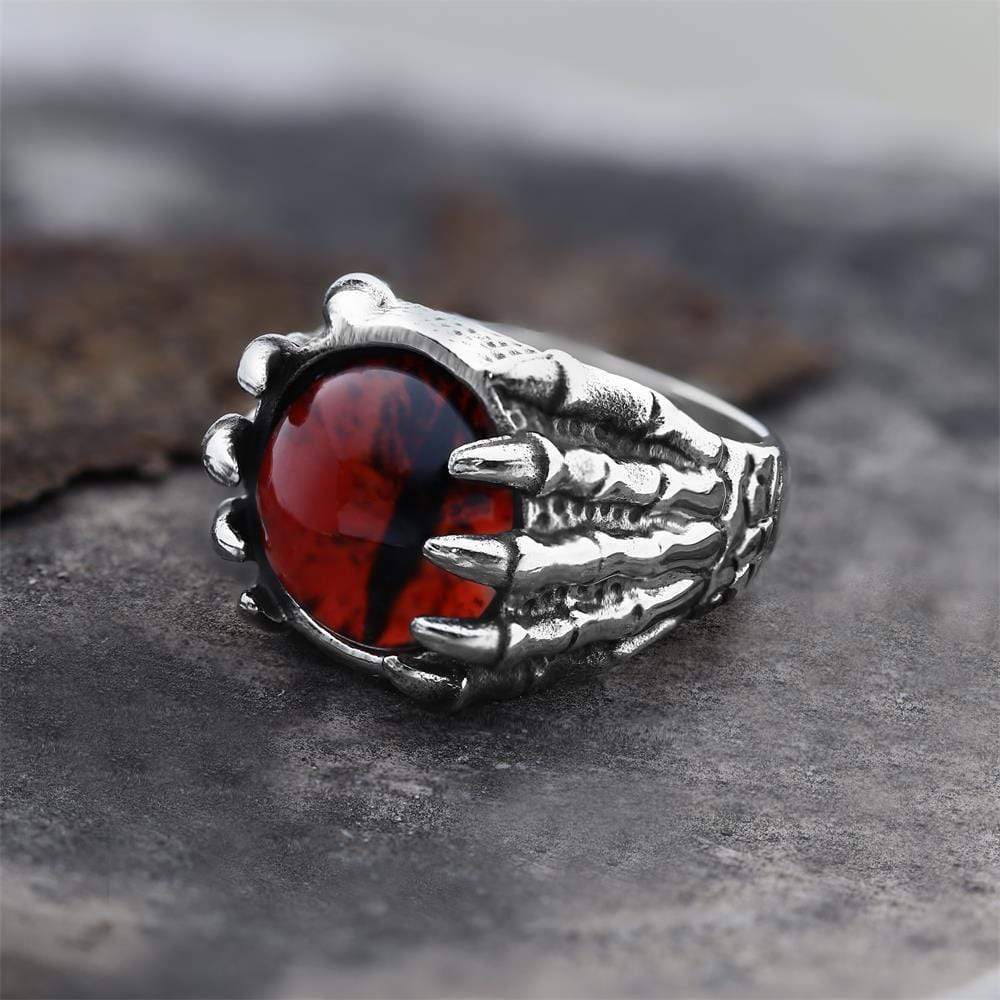 Dragon Eye Stainless Steel Skull Claw Ring 05 Red | Gthic.com
