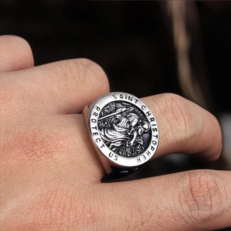 Saint Christopher Protect Us Stainless Steel Cross Ring