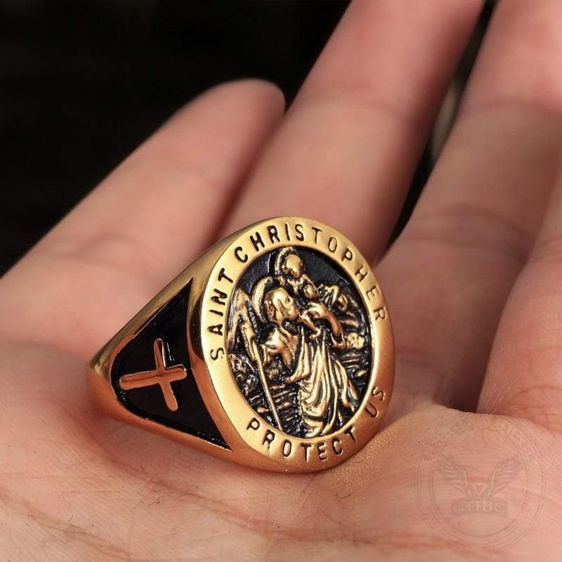 Saint Christopher Protect Us Stainless Steel Cross Ring - Stainless Steel -  Gold/Silver – GTHIC