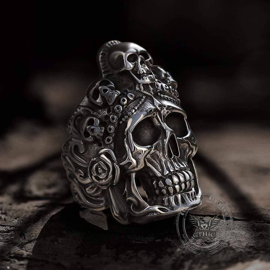 Real 925 Sterling Silver Mens Coin Ring Skull W. Crown Death King Skeleton  7-13
