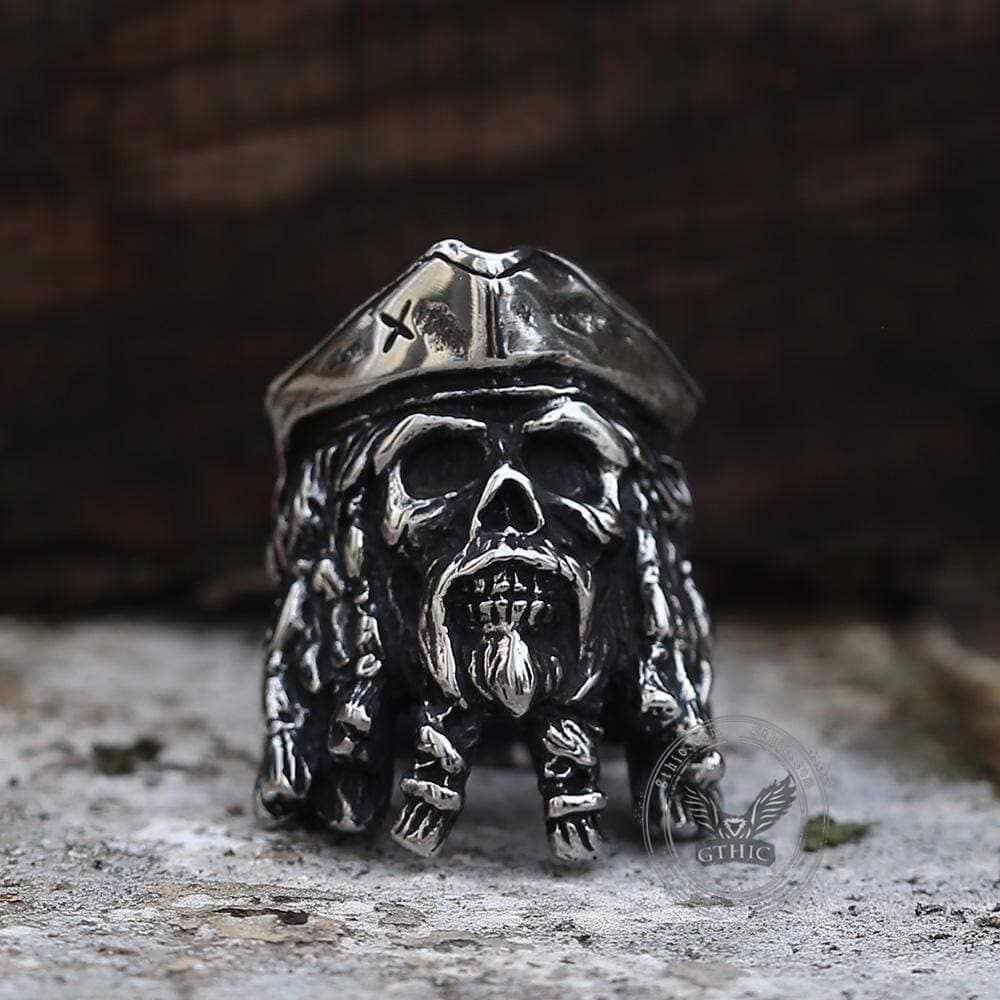 Black Pearl Pirates Stainless Steel Skull Ring | Gthic.com