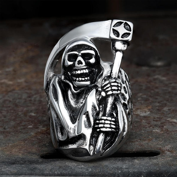 Death Sickle Stainless Steel Skull Ring - GTHIC