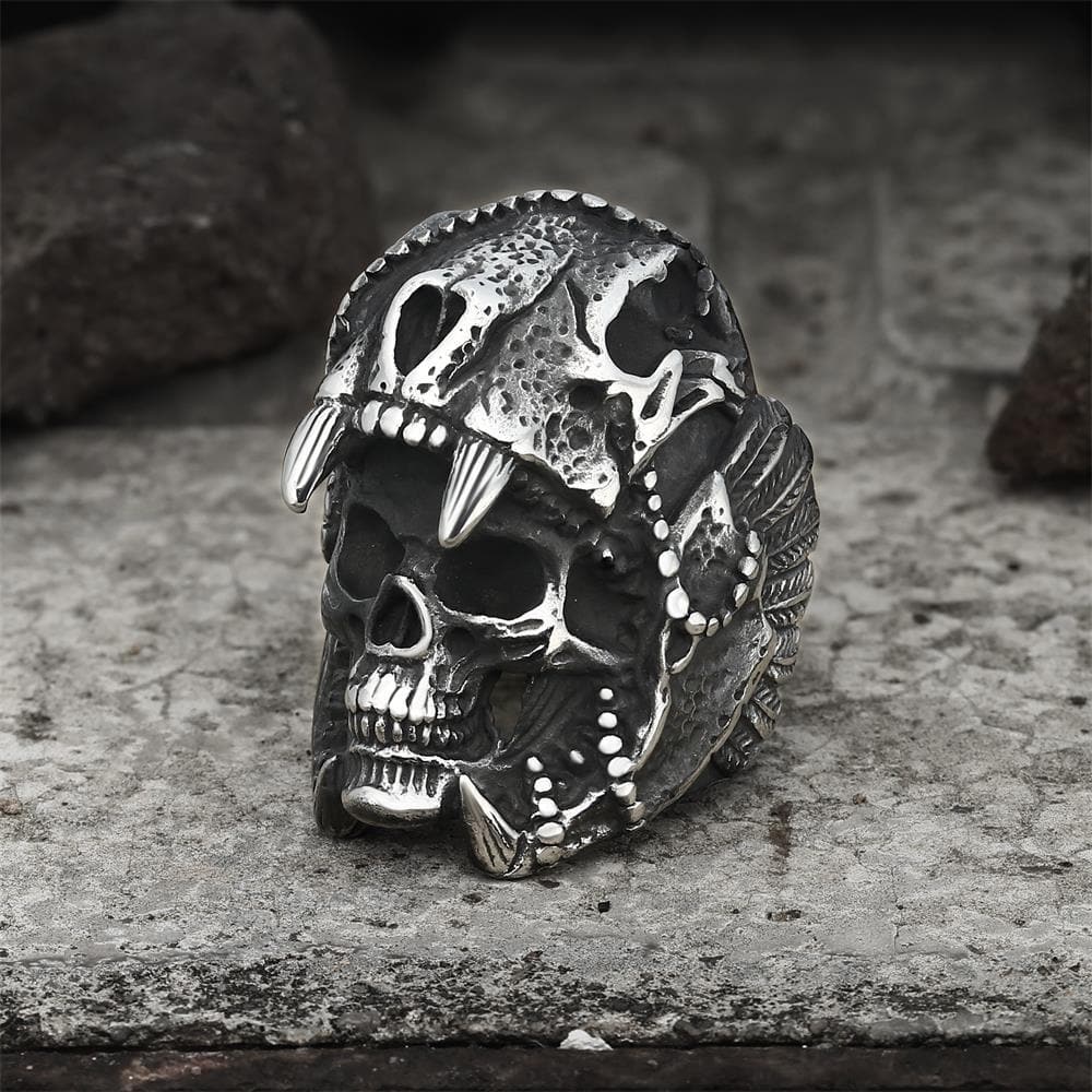 Aztec Jaguar Warrior Skull Ring | Gthic.com