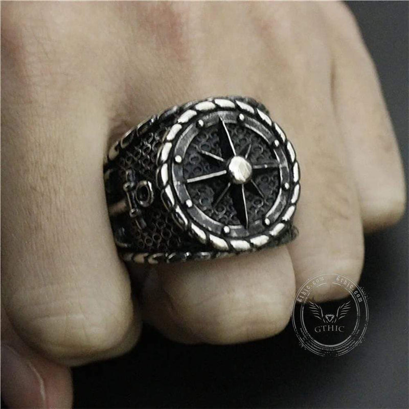 Striking Anchor And Compass Stainless Steel Marine Ring | Gthic.com