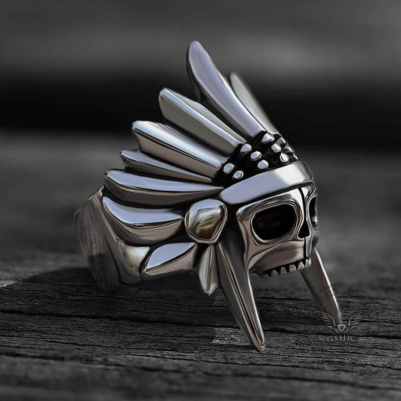Tribal Chief Stainless Steel Skull Ring | Gthic.com