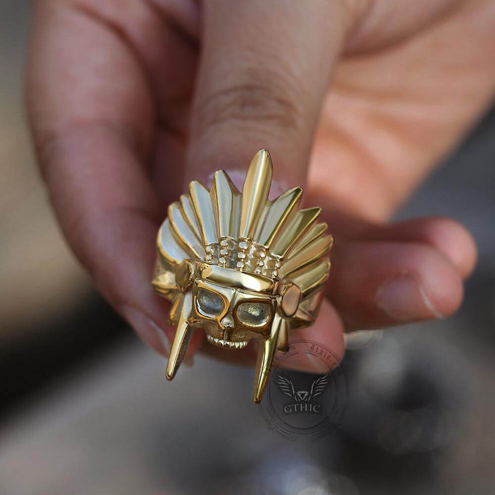 Tribal Chief Stainless Steel Skull Ring | Gthic.com