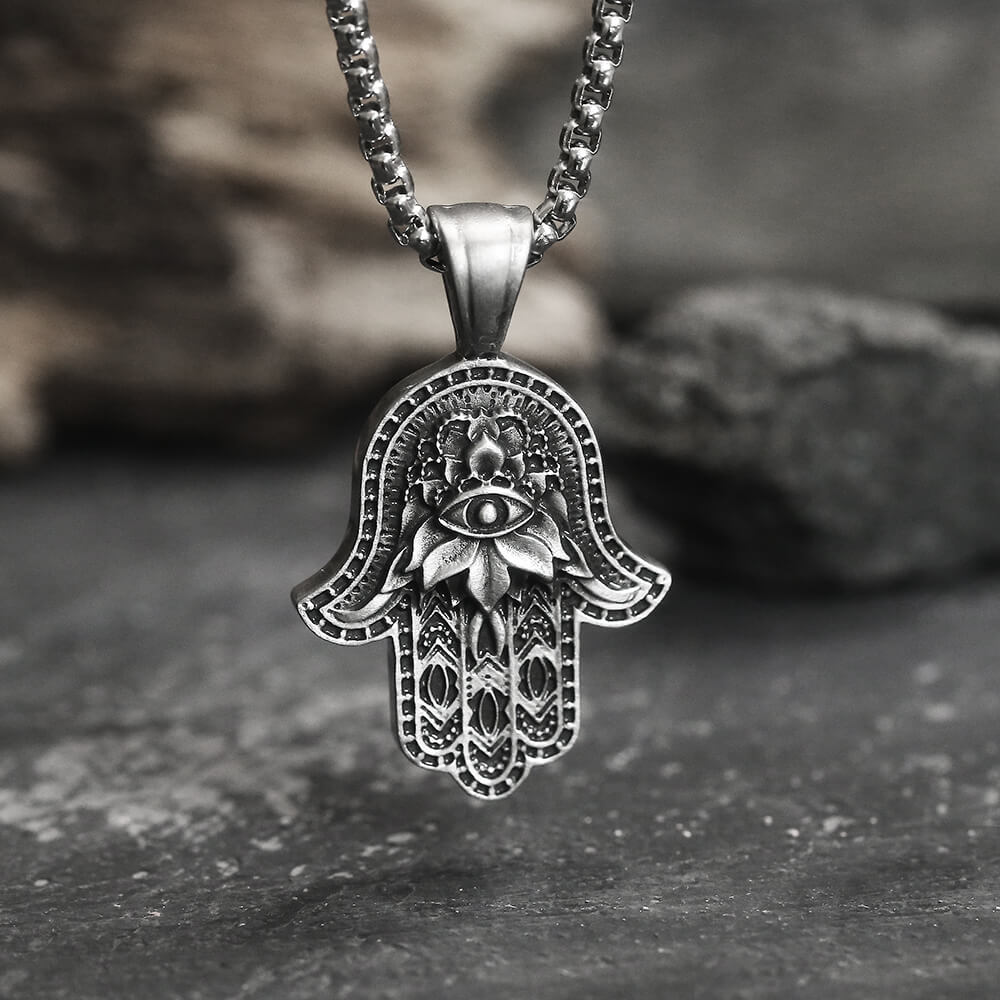 Hamsa Hand Evil Eye Pure Tin Necklace01 | Gthic.com