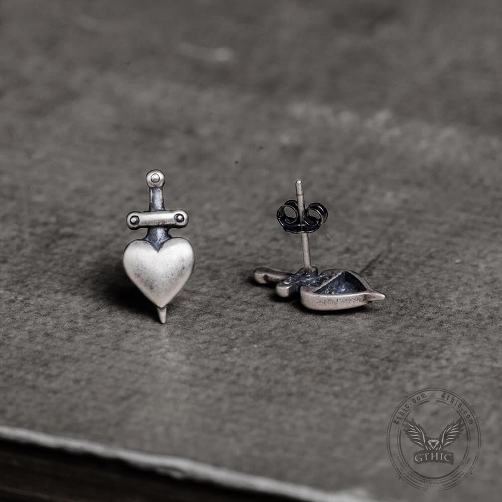 Heart-Piercing Sword Sterling Silver Stud Earrings | Gthic.com