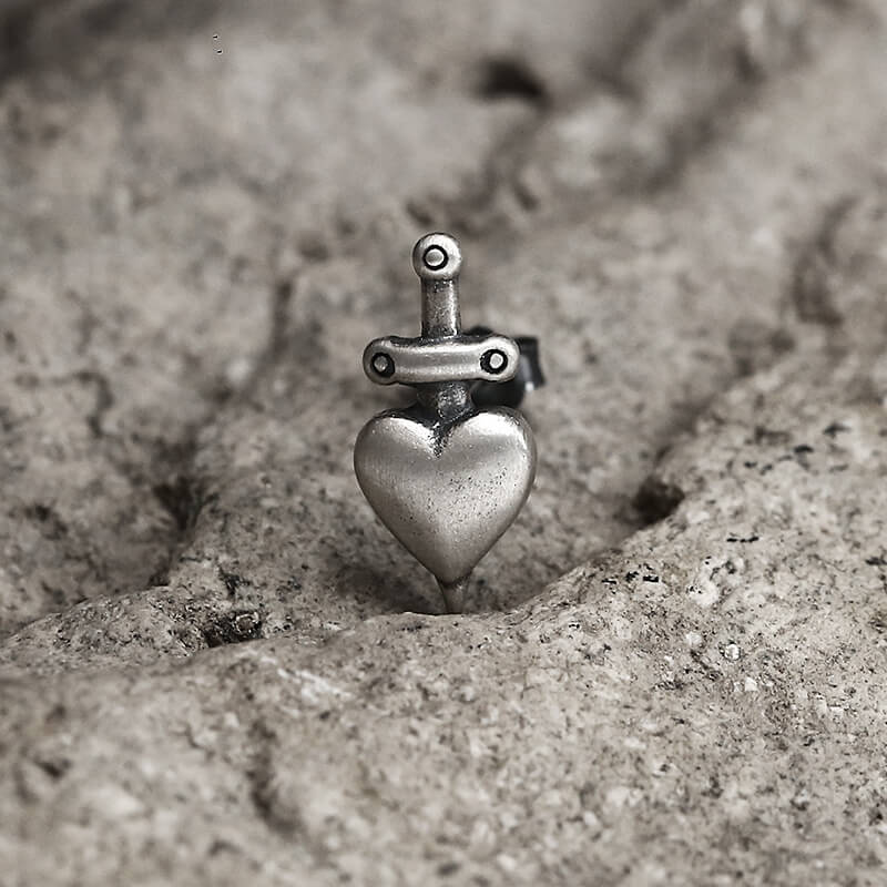 Heart-Piercing Sword Sterling Silver Stud Earrings