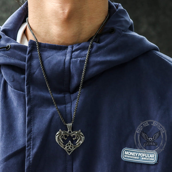 Heart-shaped Fenrir Wolf Stainless Steel Viking Pendant02 | Gthic.com