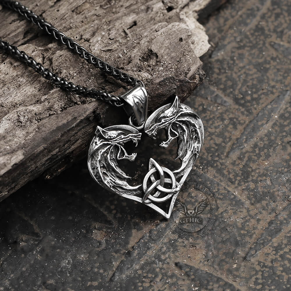 Heart-shaped Fenrir Wolf Stainless Steel Viking Pendant05 | Gthic.com