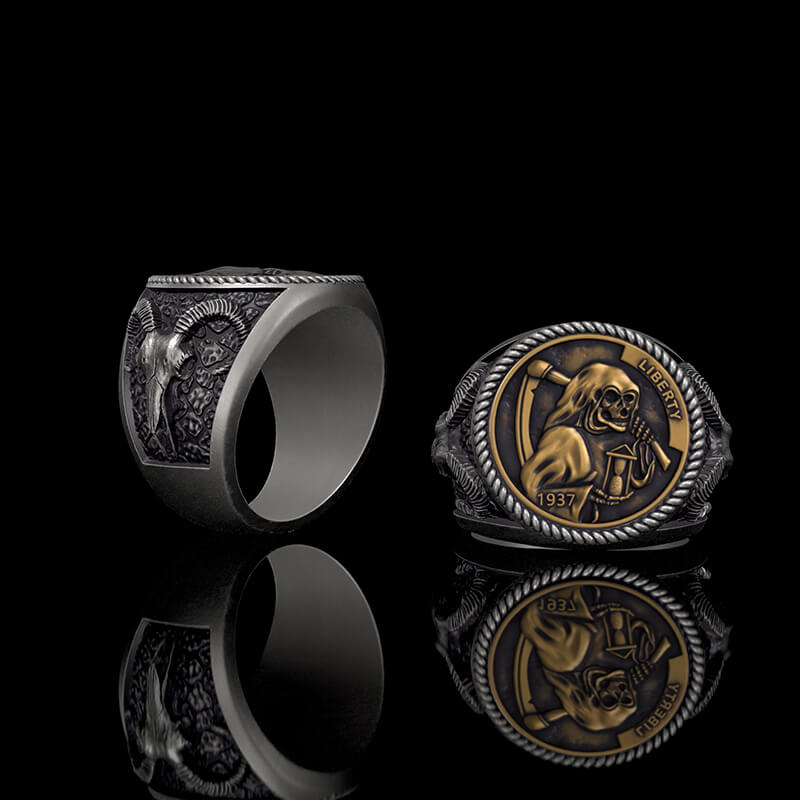 Hobo Nickel Grim Reaper Sterling Silver Skull Ring | Gthic.com