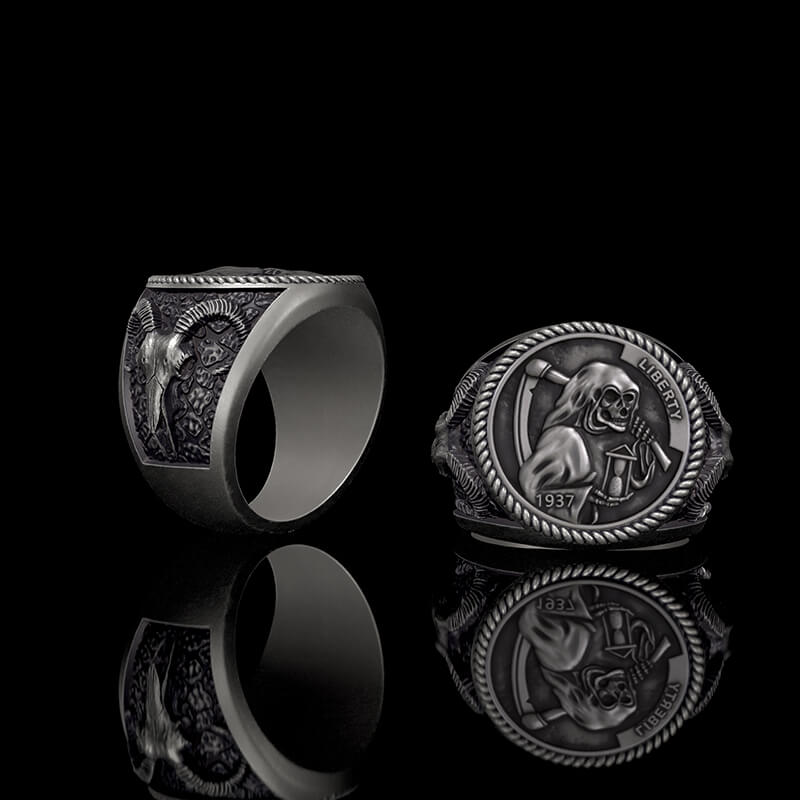 Hobo Nickel Grim Reaper Sterling Silver Skull Ring | Gthic.com