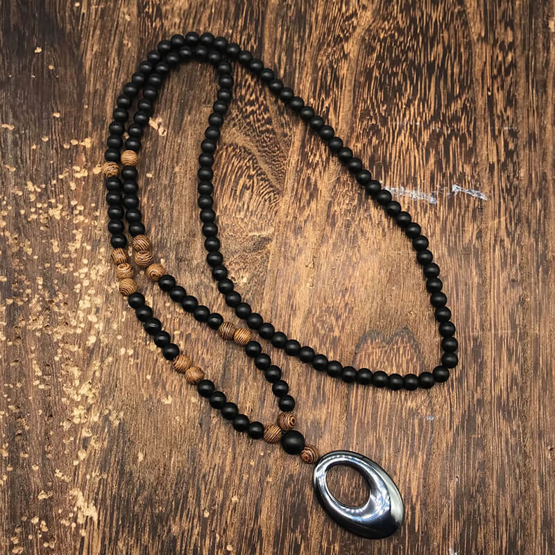 Hollow Round Stone Men’s Motorcycle Rosary Necklace