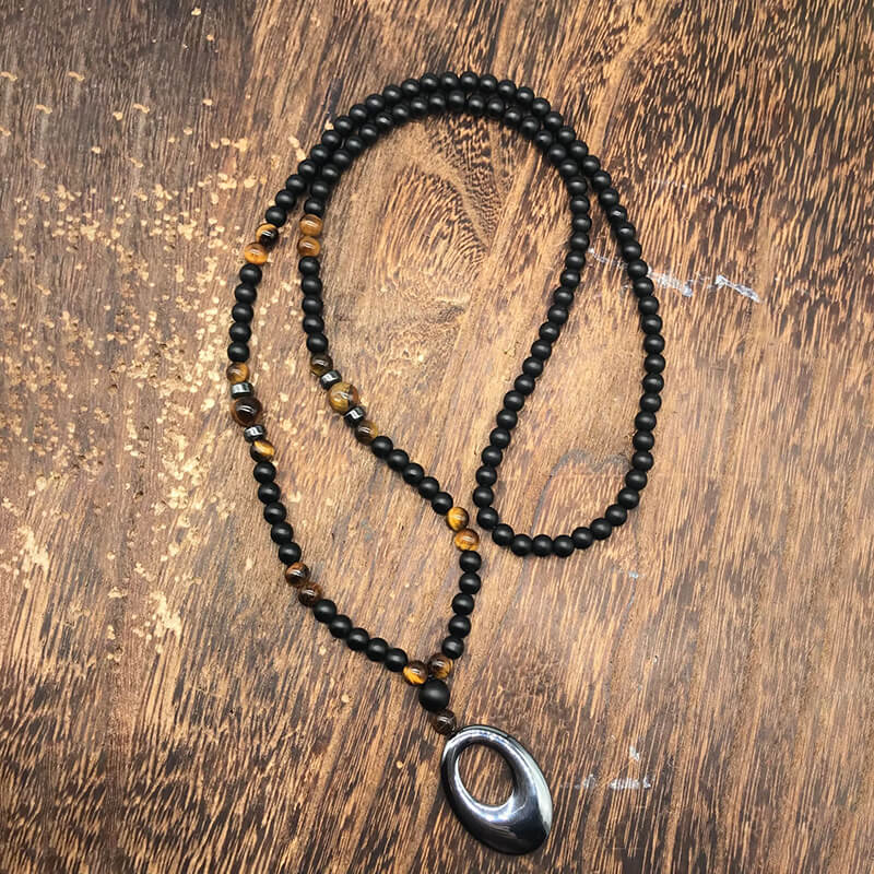 Hollow Round Stone Men’s Motorcycle Rosary Necklace