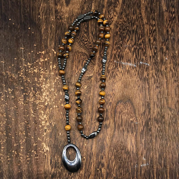 Hollow Round Stone Men’s Motorcycle Rosary Necklace