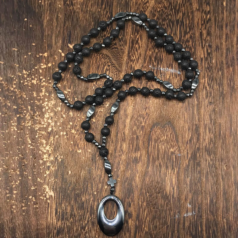 Hollow Round Stone Men’s Motorcycle Rosary Necklace