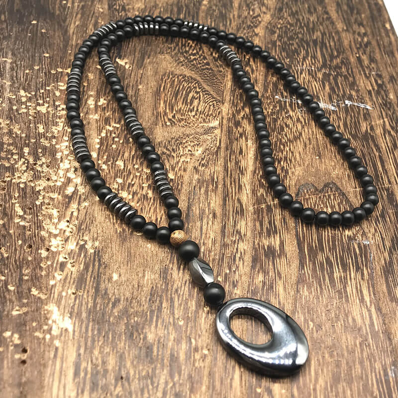 Hollow Round Stone Men’s Motorcycle Rosary Necklace