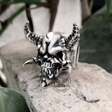 Horned Demon Skull Sterling Silver Ring 01 | Gthic.com