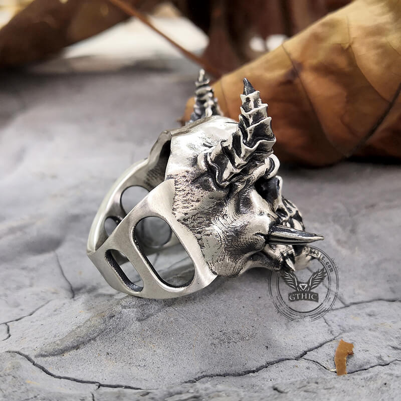 Horned Demon Skull Sterling Silver Ring
