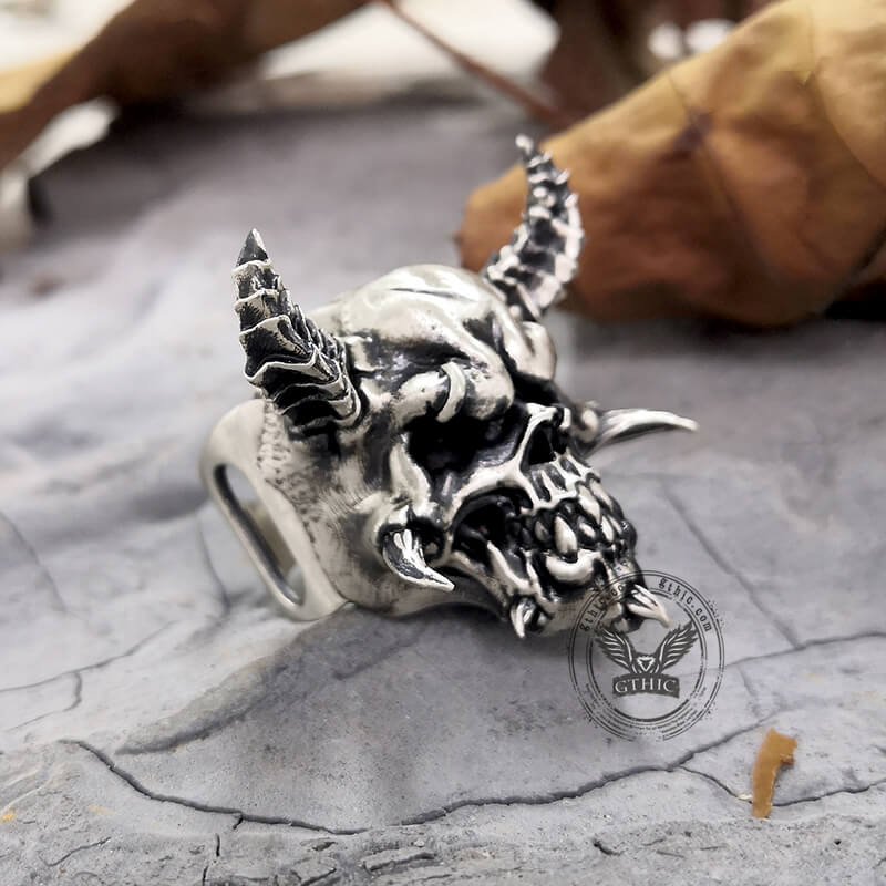 Horned Demon Skull Sterling Silver Ring